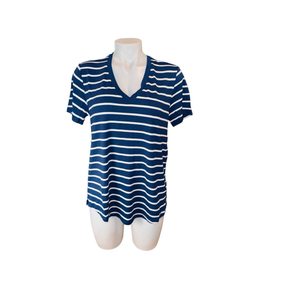 Women's GAP Navy Blue White Stripe V-Neck Short Sleeve Tee Size L - Picture 1 of 3
